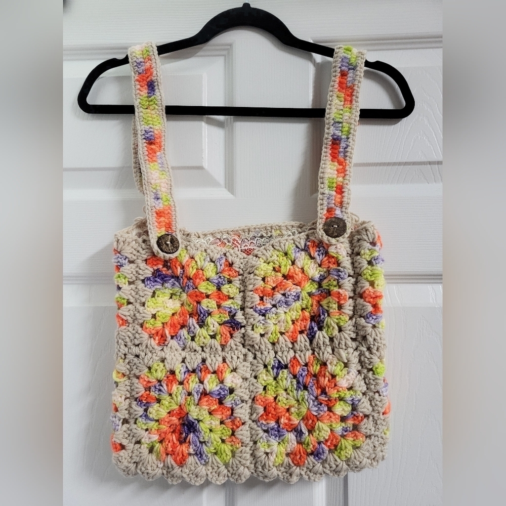 Womens Handmade Colorful Crochet Granny Square Crop Top Size Estimated To Be Med